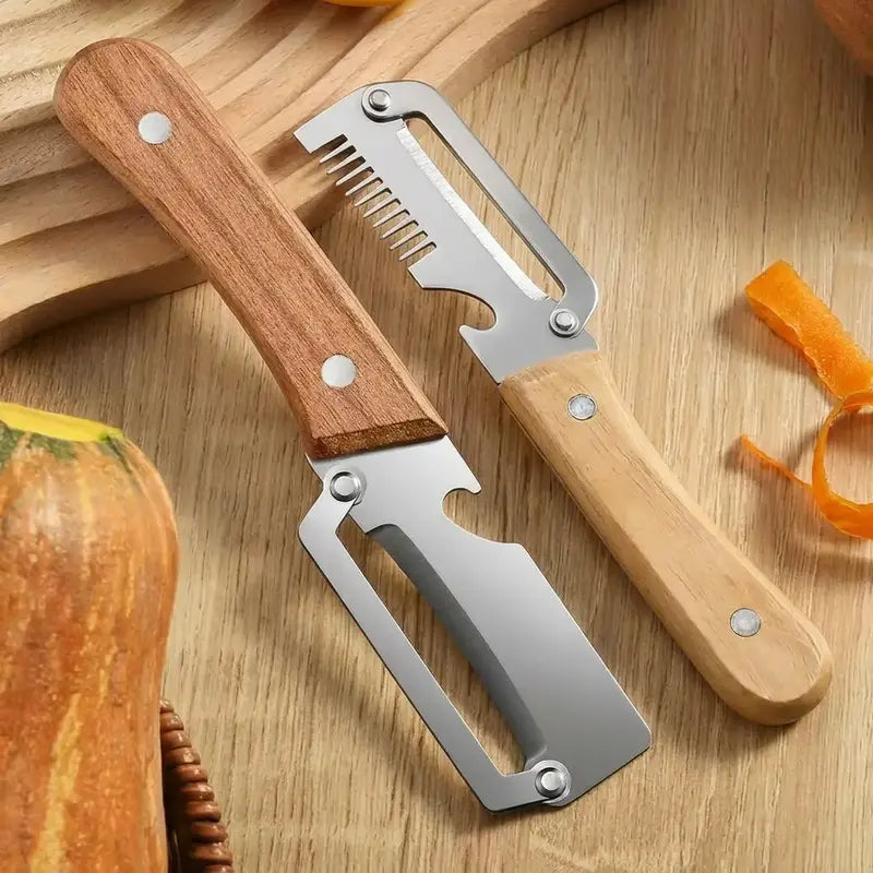 Premium Stainless Steel Vegetable Peeler Set with Wooden Handle Multifunction Fruit and Vegetable Cutter for Fast Kitchen Prep